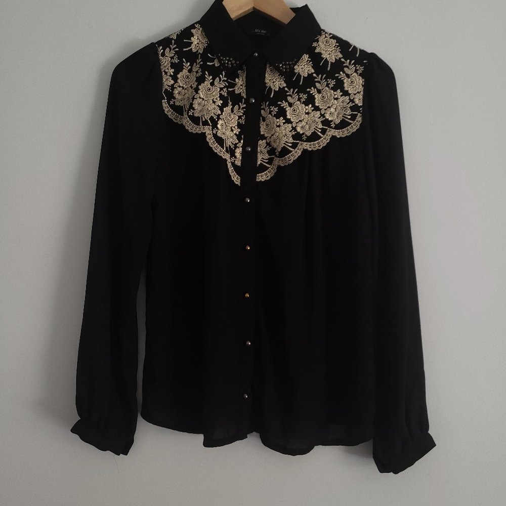 Black and gold button up top Blouse. Small Size
